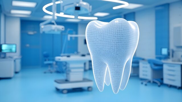 futuristic dental clinic with hanging 3d tooth grid model