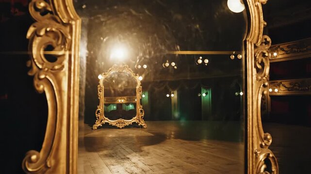 Ornate Golden Mirrors Reflecting an Empty, Dramatically Lit Theater Stage