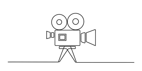 A single continuous line drawing of a vintage movie camera on a tripod Vector, illustration