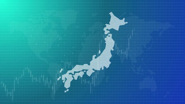 digital futuristic technology concept of Japan country map green bullish candlestick chart pattern Japanese stock market growth economic success and financial profit trade trend