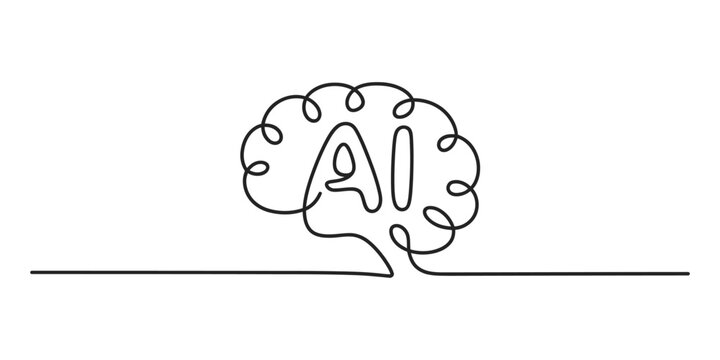 A single line drawing illustrating a brain with 'ai' inside, symbolizing artificial intelligence and continuous thought Vector, illustration