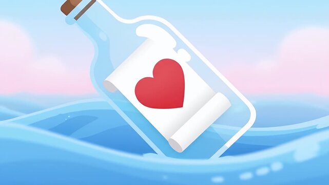 Animated flat glass bottle with red heart on unfurling scroll on pastel ocean waves