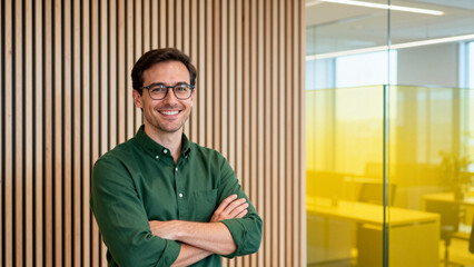 Man in green shirt smiling at office