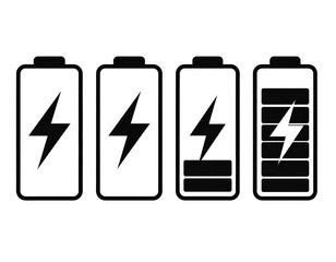 Black and white icons showing different charging levels of a battery