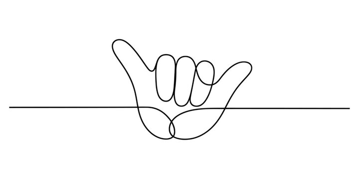 Minimalist shaka hand gesture drawn with a single continuous line Vector, illustration