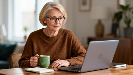 Senior woman working on laptop with cup