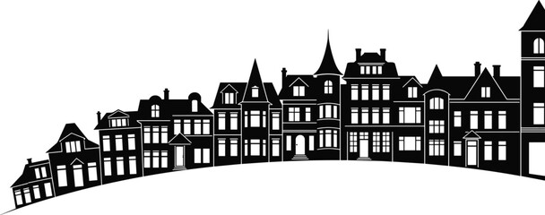 Obraz premium Victorian and Gothic Revival House Row Vector Illustration, Continuous Cityscape Silhouette on Hill, Historical Urban Street Skyline, Detailed Old Town Residential and Commercial Buildings.