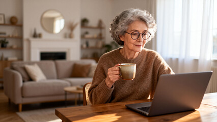 Elderly woman using laptop with coffee