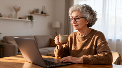 Elderly woman using laptop with cup