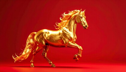 This dramatically lit, vibrant gold horse sculpture, depicted in a powerful running pose, stands out luxuriously against a solid, rich red studio background.