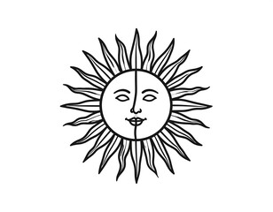 Black and white vintage style illustration of a smiling sun face