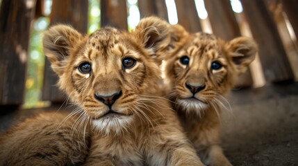 Curious lion cubs in enclosure