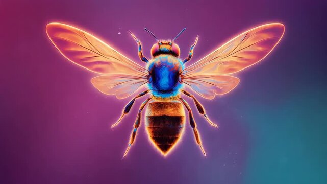A vibrant, neon-lit honey bee illustration against a gradient background