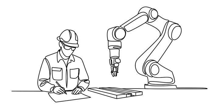 Continuous line drawing of an engineer working with an industrial robotic arm Vector, illustration