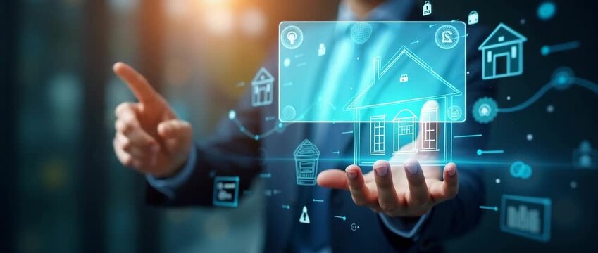 Businessman presents holographic real estate network, with digital house icons floating; camera gently pans as ambient lights flicker in a futuristic, cinematic style.