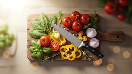 Assorted fresh vegetables and cooking knife on a cutting board, top view