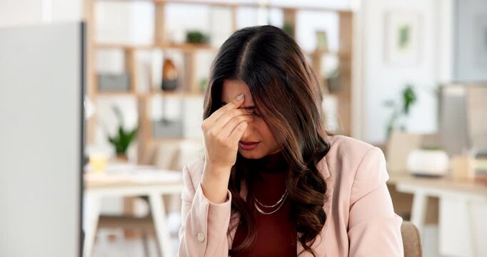 Eye strain, stress or Indian woman in agency with computer, tired or headache in task management. Screen fatigue, tech or employee in office with migraine, frustration or vision risk in deadline.