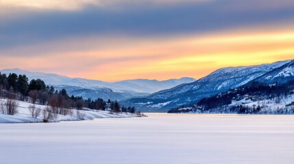 A tranquil winter landscape with a frozen lake, snow-draped mountains, and a vivid sunset over amber horizon.!