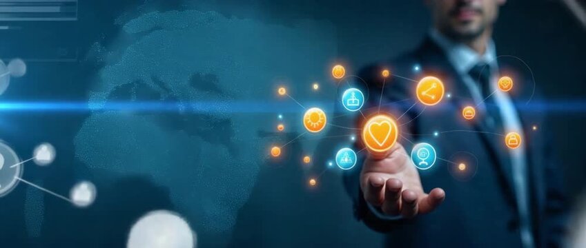 Business professional holds digital award badge, gently rotating, with ambient light flicker and slow camera pan, in a cinematic style, highlighting innovation and success themes.