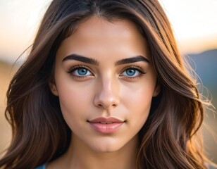 Beautiful woman with striking blue eyes, soft brown hair, and gentle smile