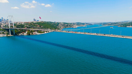 Istanbul, Turkey. Modern Istanbul metropolis with 15 July Martyrs Bridge aerial cityscape view on a clear summer day. Aerial View