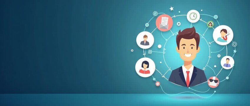 Animated professional networking concept with a smiling business avatar surrounded by dynamic icons; camera gently pans across the modern digital interface in a sleek, cinematic style.