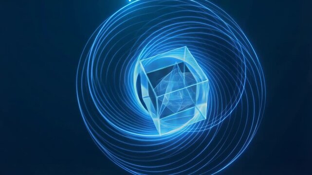 A sequence of translucent blue geometric shapes evolves from basic forms like cubes and pyramids to complex spheres and a torus, illuminated against