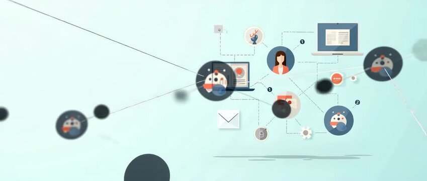 Animated icons representing digital communication and data analytics move subtly across a minimalist background as the camera slowly pans, creating a dynamic, professional explainer video.
