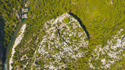 Cakallar, Alanya, Turkey. Aerial footage of Alara Castle historical landmark in summer daylight. Aerial View