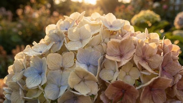 Close up of a pastel hydrangea flower illuminated by warm golden hour sunlight. Soft bokeh effect in the garden background