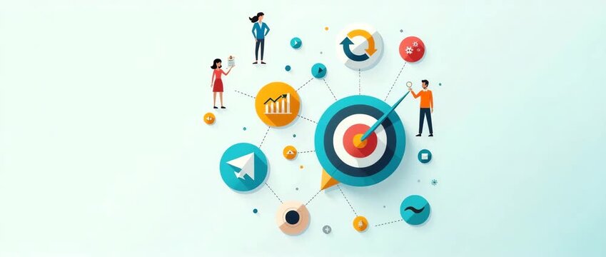 Dynamic infographic animation showcasing teamwork and target achievement, with icons moving seamlessly; camera gently pans across a minimalist, modern vector design.