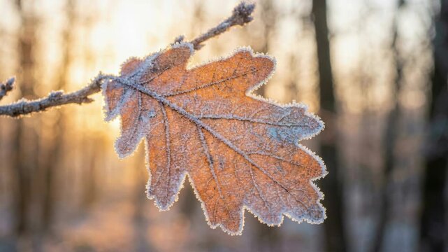 A single orange oak leaf with frost clinging to its edges, backlit by warm golden sunlight filtering through a winter forest