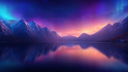 A breathtaking alpine landscape at dusk with snow-capped peaks, a tranquil lake, and a glowing sky over peaks