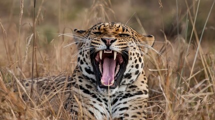 Leopard roaring in grassland