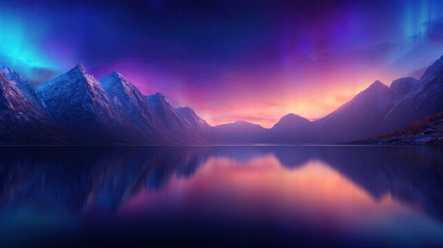 A breathtaking alpine landscape at dusk with snow-capped peaks, a tranquil lake, and a glowing sky over peaks - Powered by Adobe