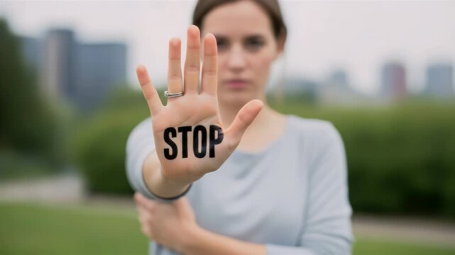Serious Woman Holding Up Hand With STOP Written Out In Black Letters Against Blurry City Background