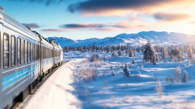 A blue passenger train winds through a snow covered valley under a bright blue sky with distant snowy mountains