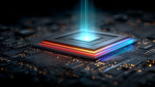 Futuristic central processing unit glowing with vibrant energy beams on a dark complex printed circuit board background.