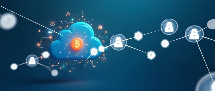 Cloud computing with Bitcoin symbol in a digital network, icons gently animate around, slow camera pan left in a futuristic, cinematic style, highlighting blockchain and AI innovation.