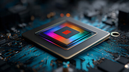 Macro view of a futuristic glowing computer processor chip mounted on a dark circuit board with vibrant blue light trails.