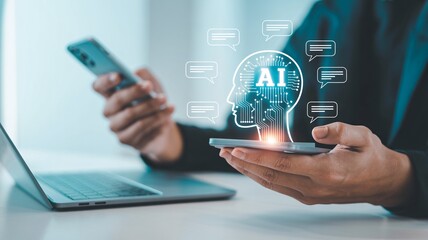 Digital Transformation Business Professional Interacting with AI, Data, and Future Technology on Smart Devices