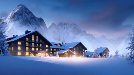 Snowy alpine village at dusk with warmly lit chalets nestled under towering moonlit mountains. soft moonlight