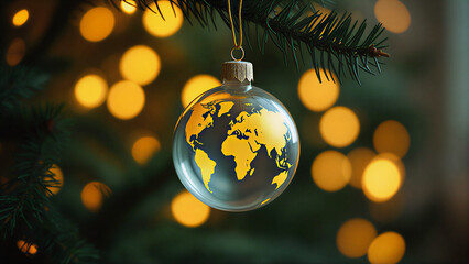 Glass World Globe Christmas Ornament with Gold Map and Bokeh Lights