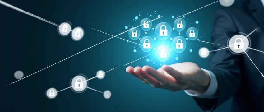 Business professional holding digital locks, symbolizing cybersecurity, as camera slowly pans across a sleek, modern office setting with ambient light flicker, in a cinematic style.