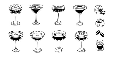 A set of hand-drawn black and white illustrations featuring various styles of the Espresso Martini cocktail in different glasses with coffee bean garnish.