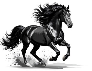 Obraz premium Black horse, running freely across white background, with mane flowing