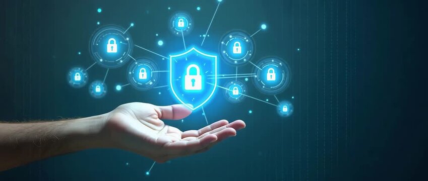 Hand gently supports a glowing shield icon with locks orbiting in a digital space; camera slowly pans across a cinematic cyber security theme, highlighting data protection and innovation.