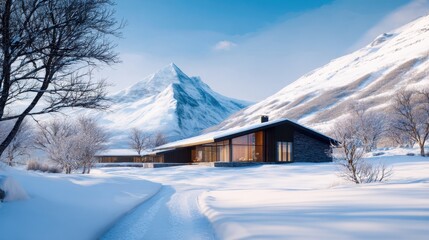 Snowy alpine cabin beside a winding path under a clear blue sky, surrounded by bare trees and mountains nearby