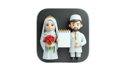 Muslim Wedding Couple Holding a Blank Notepad - Illustration
