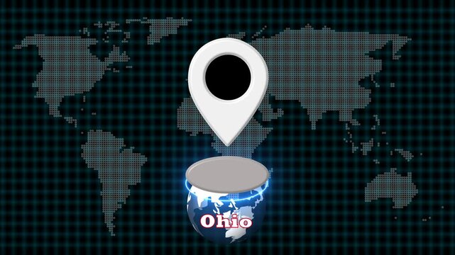 Ohio state map location animation with pulsing pin, USA geographic map pointer for travel and regional news